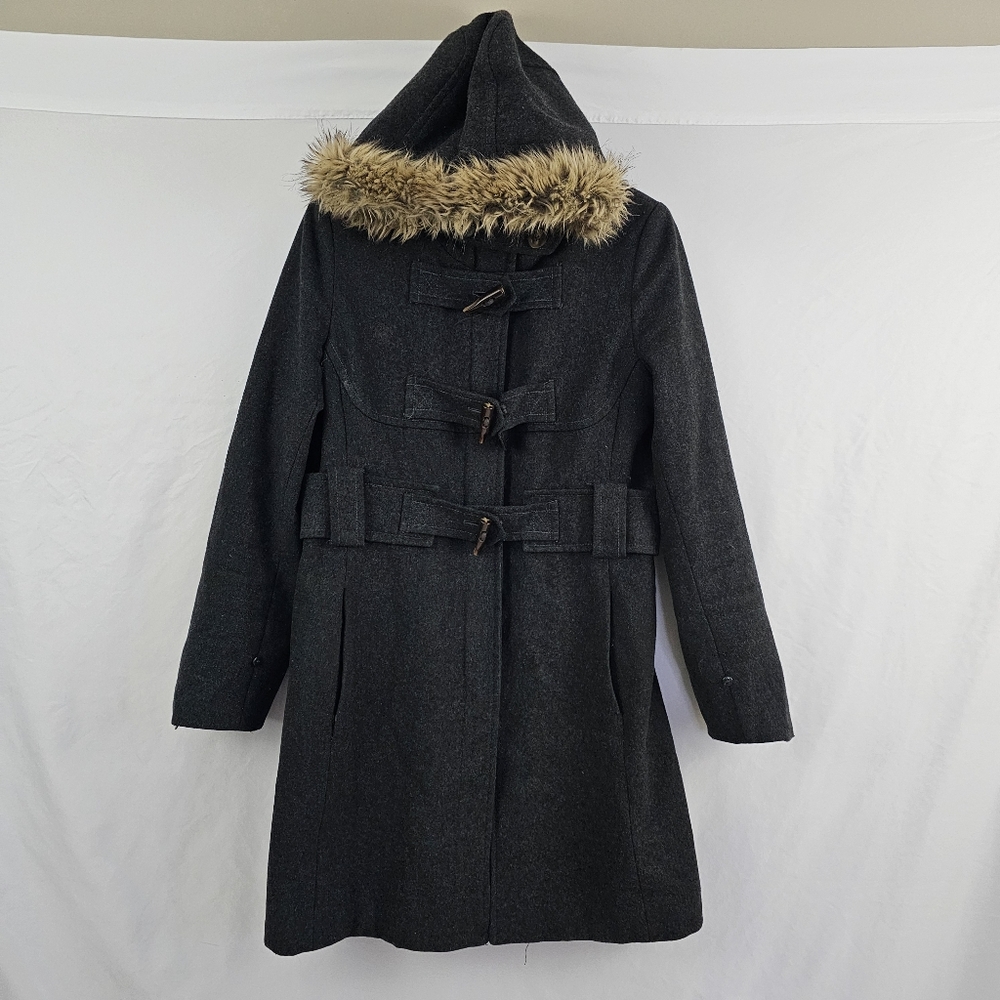 Elevenses Anthropologie Deep Woods Toggle Coat Wool Faux Fur Hooded Gray Size 10